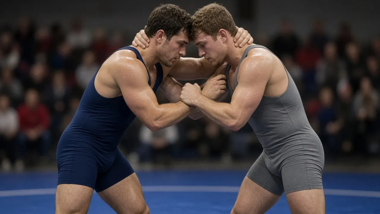 Two wrestlers press forehead to forehead in a standing collar tie.