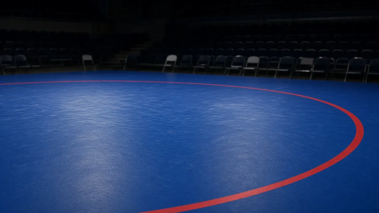 An empty blue wrestling mat and a red circle in a dark arena.