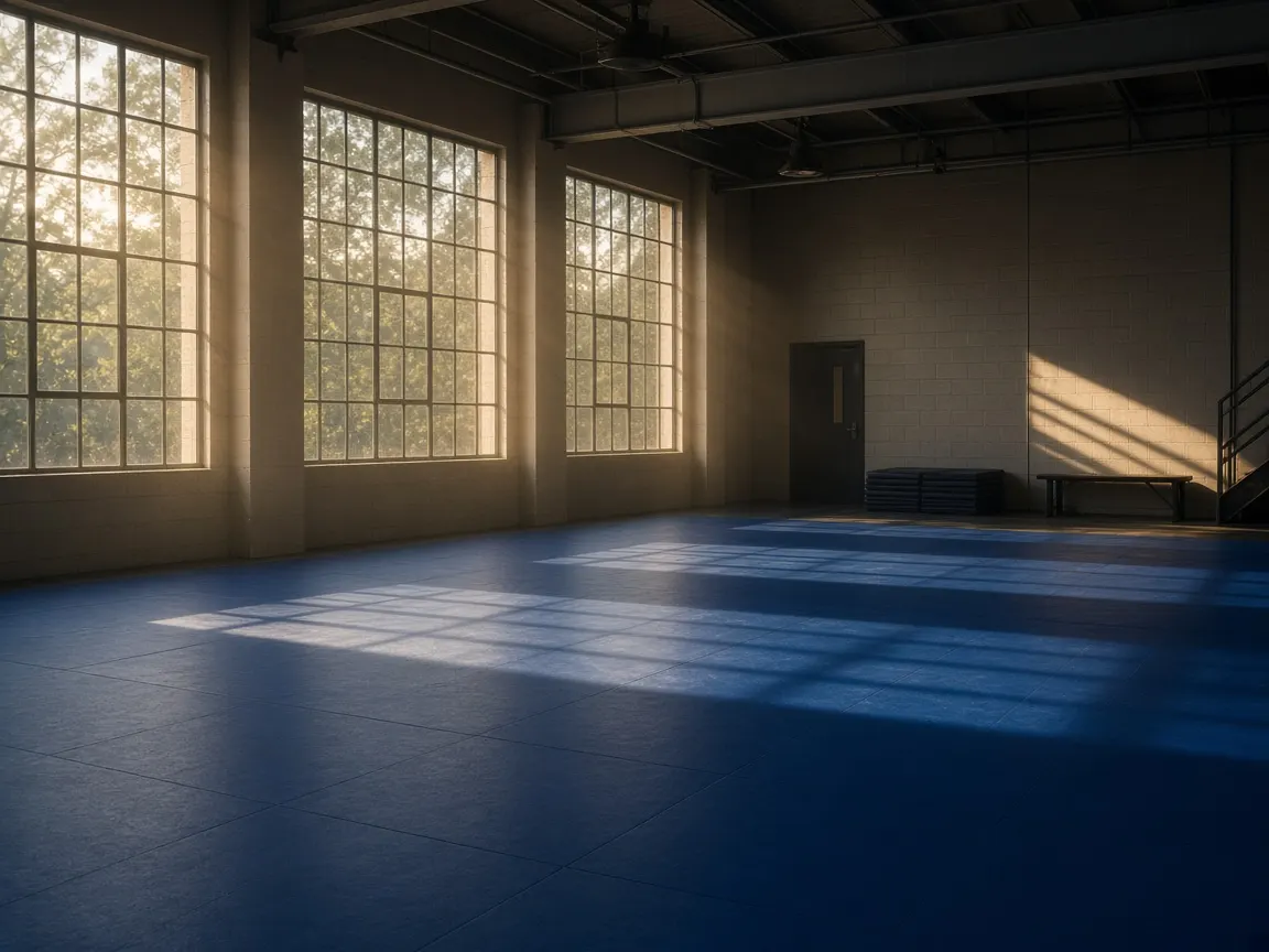 An empty wrestling gym, blue mat in front of tall windows.