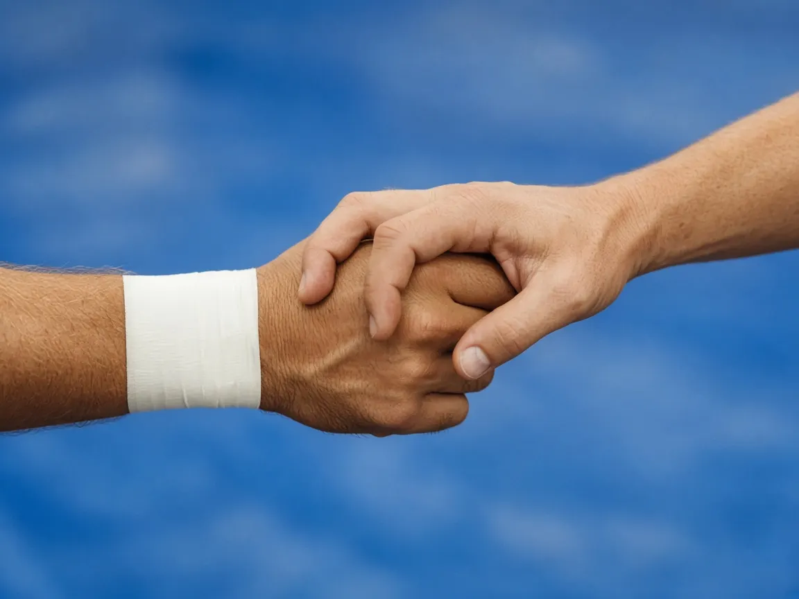 A wrist wrapped in tape is gripped by another wrestler's hand.