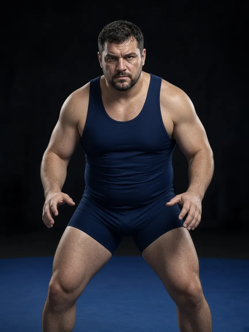 A heavyweight wrestler stands alone in a plain dark singlet.
