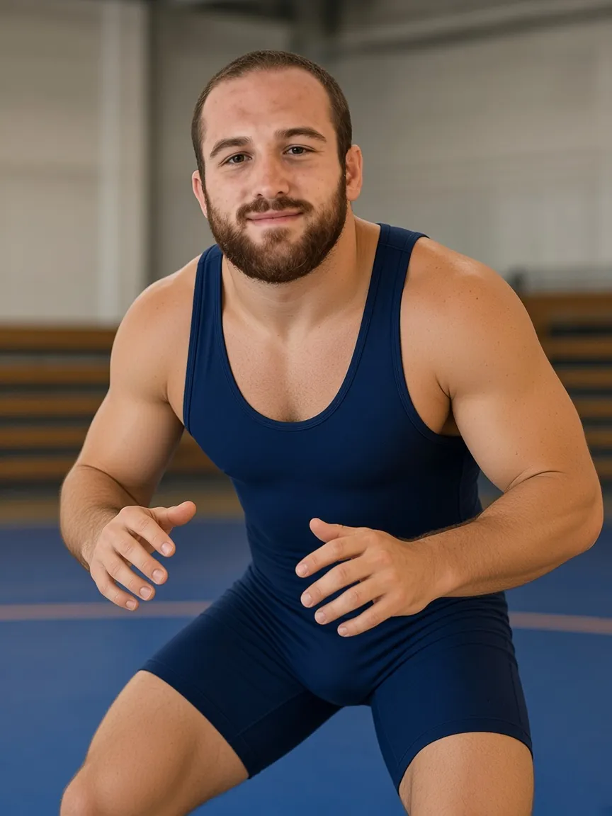 Editorial portrait of a bearded freestyle wrestler in a navy singlet, in a low stance.