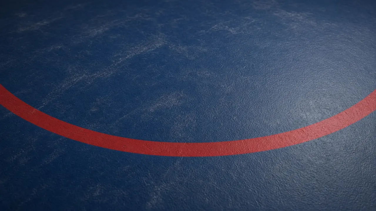 A red circle painted on a grey wrestling mat.
