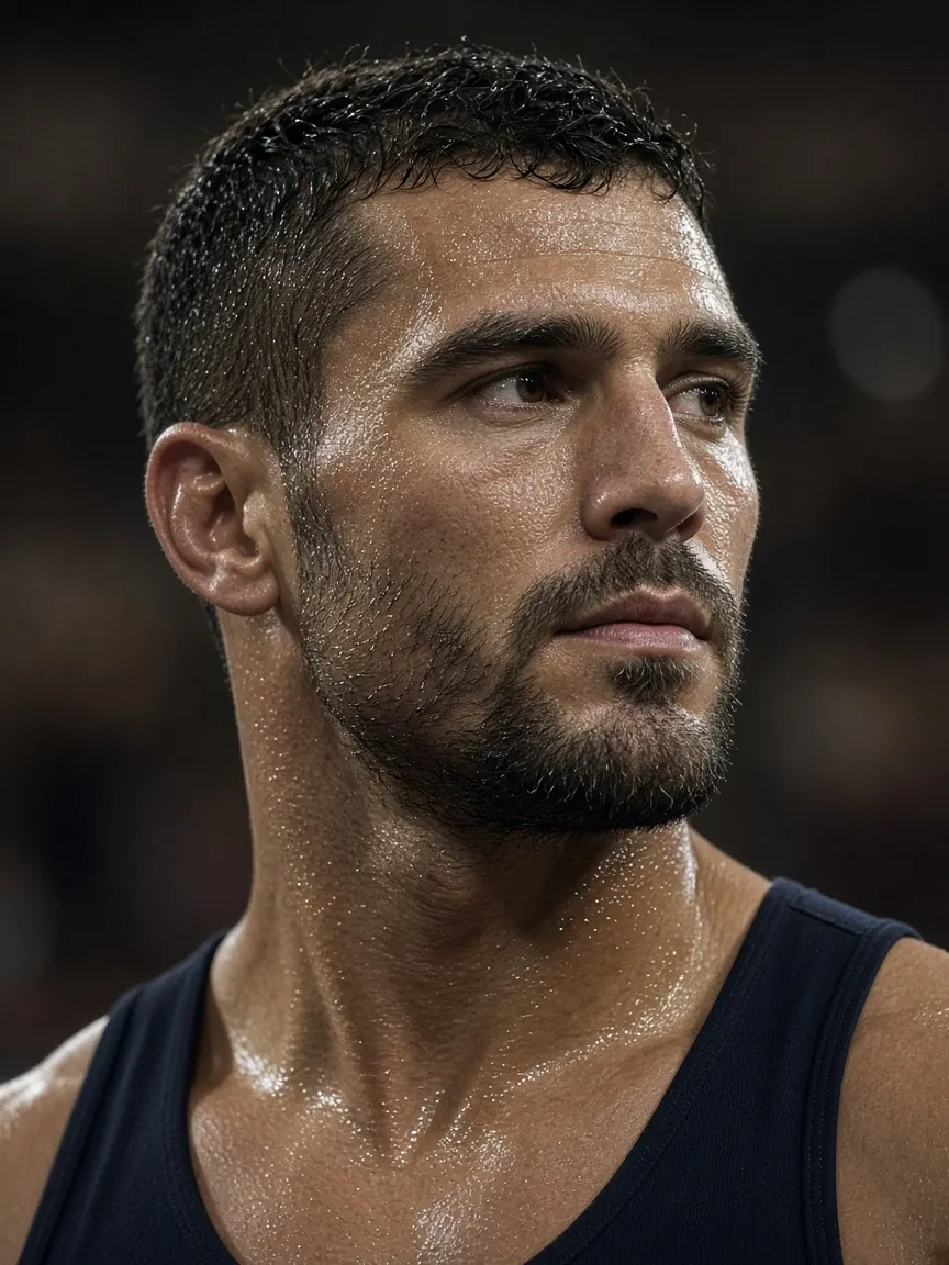 An unidentified wrestler, sweat on his face, looks off camera in arena light.