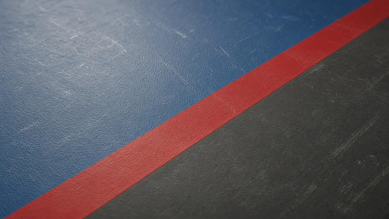 The red boundary line where a blue wrestling mat meets the protection area.