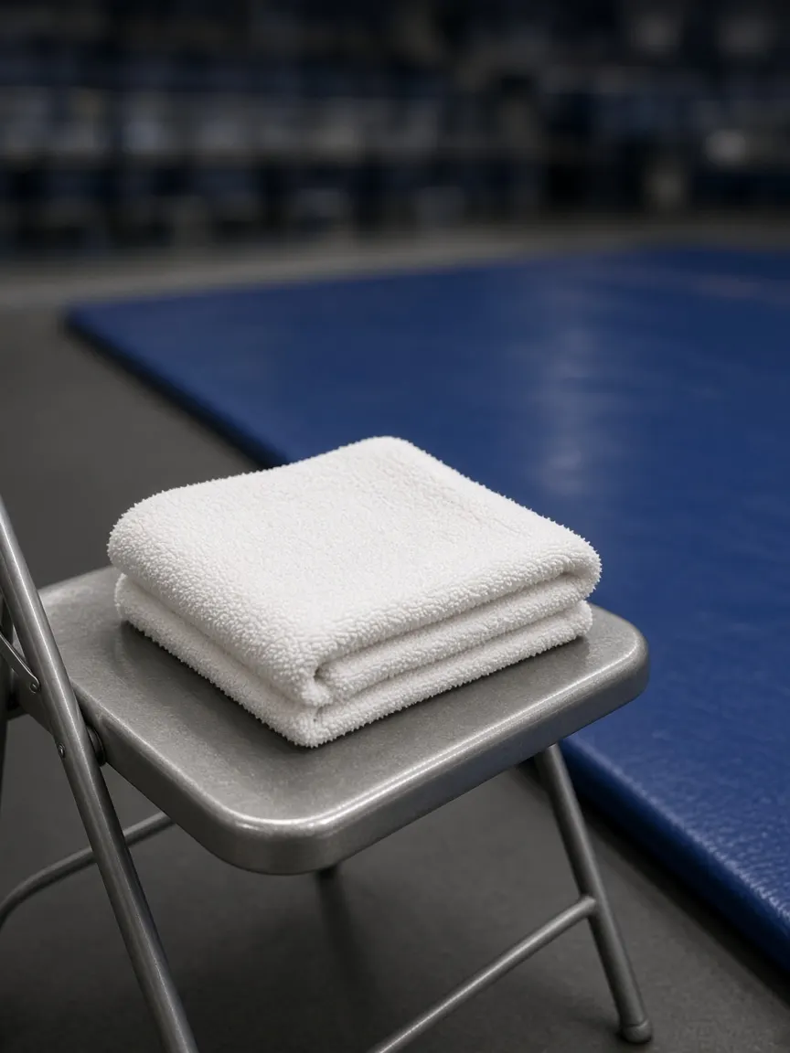 A white towel folded on a chair beside a blue wrestling mat.