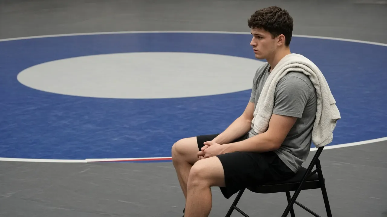 A wrestler sits on a folding chair at the edge of a mat, a towel over one shoulder.